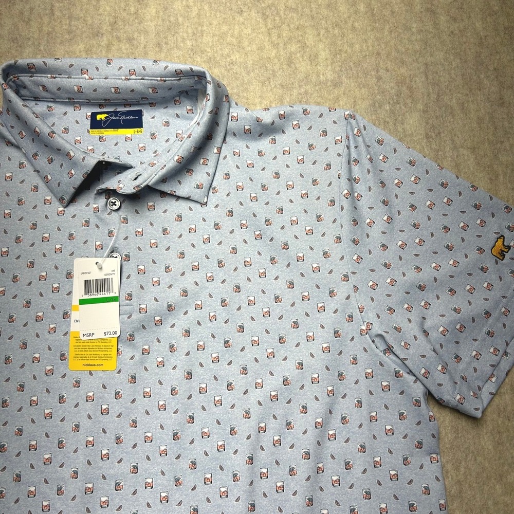 NWT Jack Nicklaus Golf‎ Polo Shirt LG Old Fashioned Cocktail Print Short Sleeve